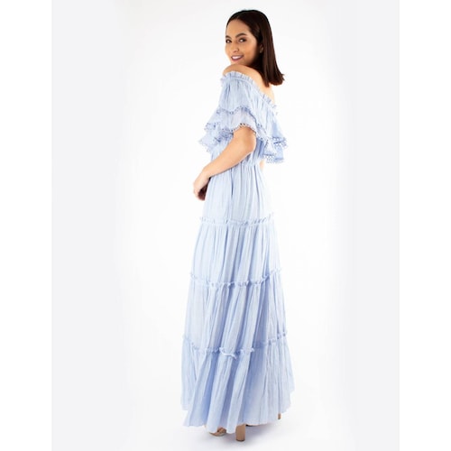 Vestido maxi de hombros descubiertos con olán 