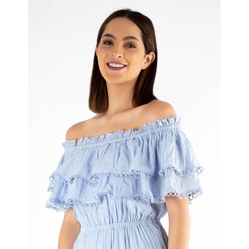 Vestido maxi de hombros descubiertos con olán 