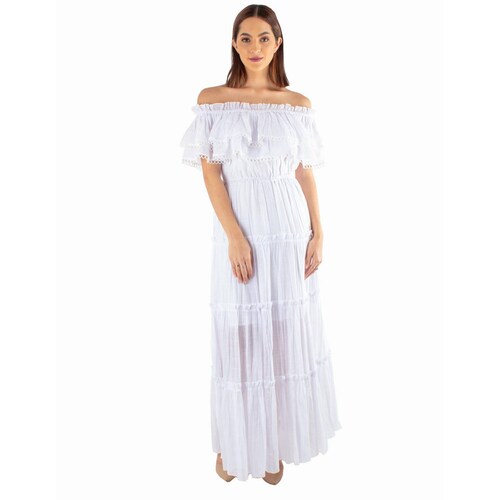 Vestido maxi de hombros descubiertos con olán 