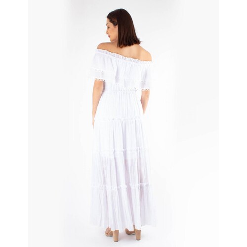 Vestido maxi de hombros descubiertos con olán 