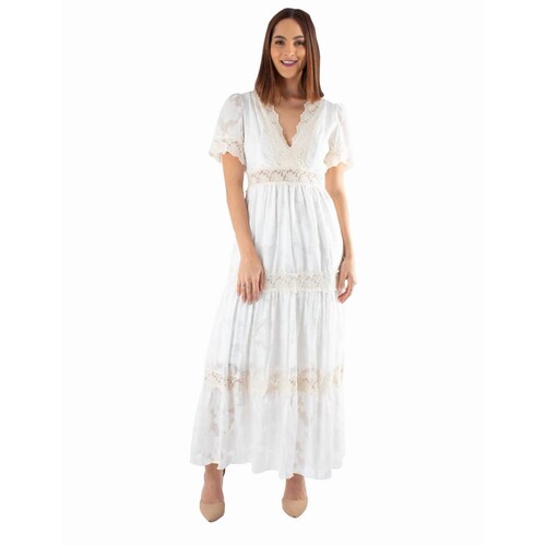 Vestido maxi de encaje blanco cuello V 