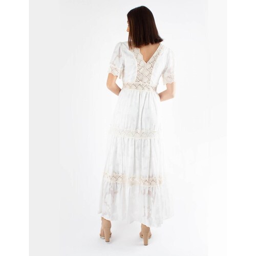 Vestido maxi de encaje blanco cuello V 