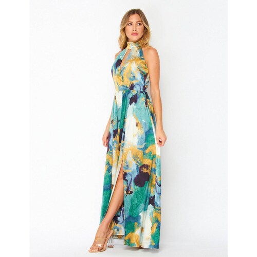 Vestido satinado print verde, cuello halter 