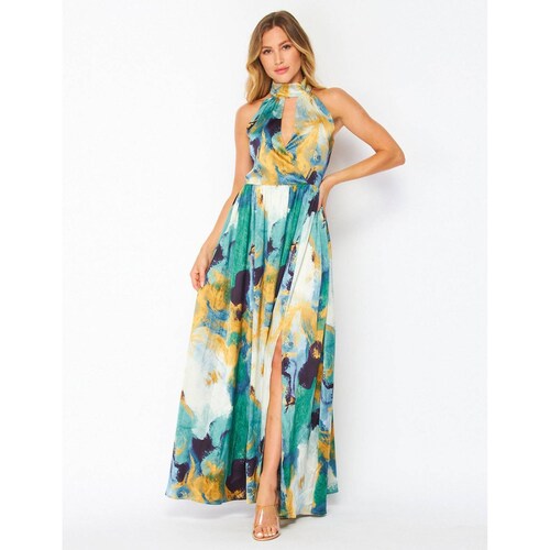 Vestido satinado print verde, cuello halter 