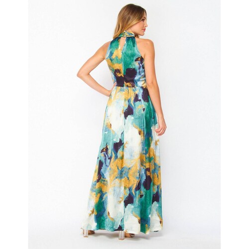 Vestido satinado print verde, cuello halter 