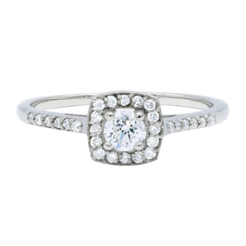 Anillo de Compromiso de Oro Blanco 14K con Halo de Diamantes