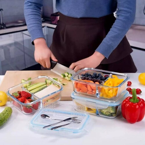Juego de 3 recipientes Brandtrendy de vidrio diferentes divisiones para balancear tus alimentos.