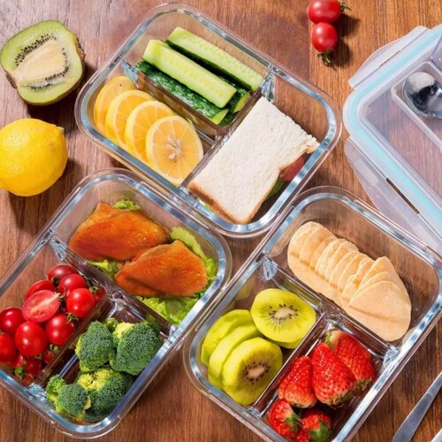 Juego de 3 recipientes Brandtrendy de vidrio diferentes divisiones para balancear tus alimentos.