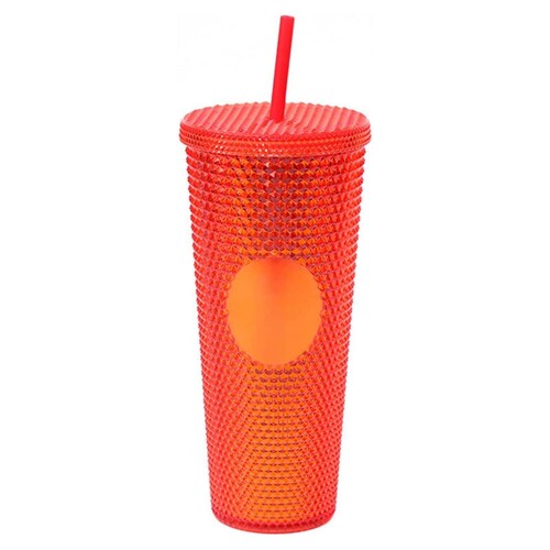 Vaso texturizado de tachuelas, diseño unico color Rojo Transparente, 710 ml, con popote libre de BPA.