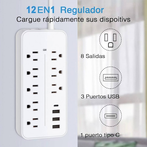 Multicontactos con 8 salidas AC 3USB y 1 USB Tipo C maxima Seguridad y Rendimiento