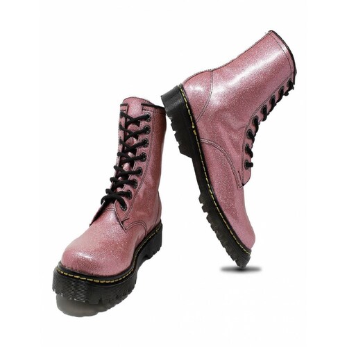 Botas Mujer Rosas con Brillos Combat Estilo Boots Glitter