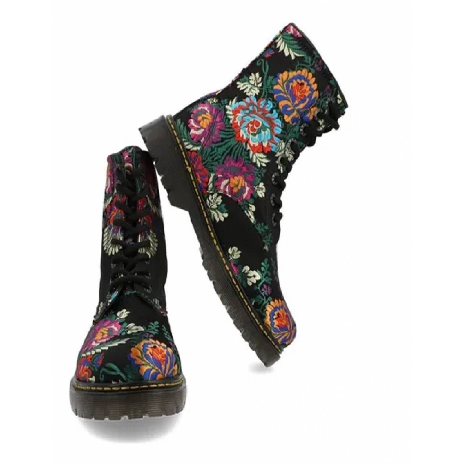 Bota Mujer Chunky Negra Floreada con Flores