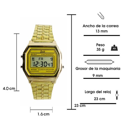 Reloj Digital Zeit Unisex Luz Alarma Cronómetro Dorado –