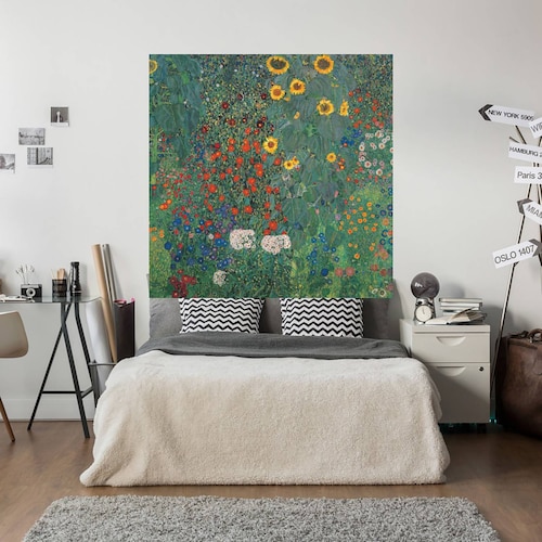 Cuadro Decorativo | Jardín con girasoles | Gustav Klimt | 56X56 Cm | Arte Floral | Impresión en Lienzo | Fine Art TJ