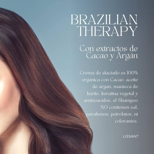 Crema Alaciadora Brazilian 100% Organico con Keratina de Chocolate y Aceite Argan + Shampoo Limpieza Profunda de Lissant