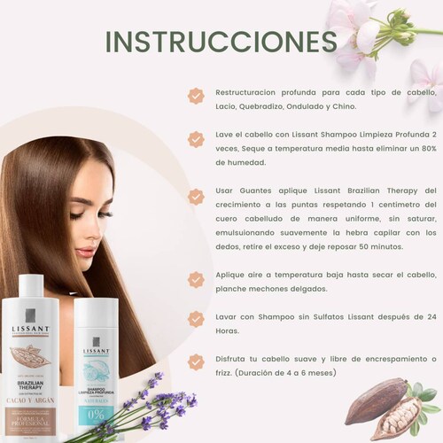 Crema Alaciadora Brazilian 100% Organico con Keratina de Chocolate y Aceite Argan + Shampoo Limpieza Profunda de Lissant
