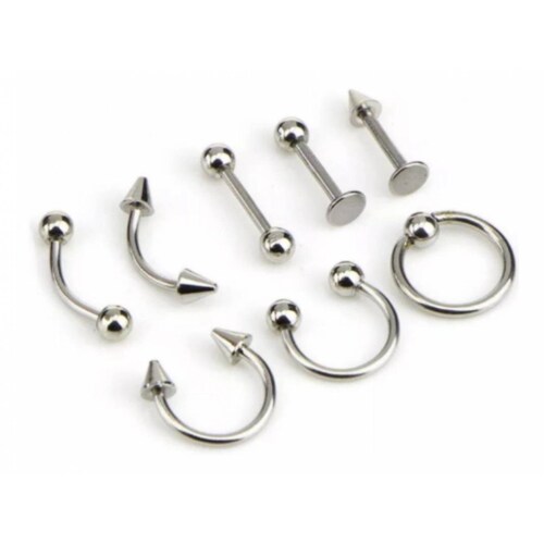 Set De 8 Piercing Nariz, Ceja, Labio, Lengua Y Oreja unitalla Negro