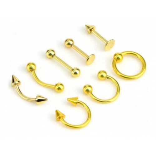 Set De 8 Piercing Nariz, Ceja, Labio, Lengua Y Oreja Dorado unitalla