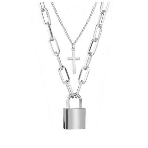 Collar De Cadena Hombre Candado y Cruz Con Llave Moda unitalla