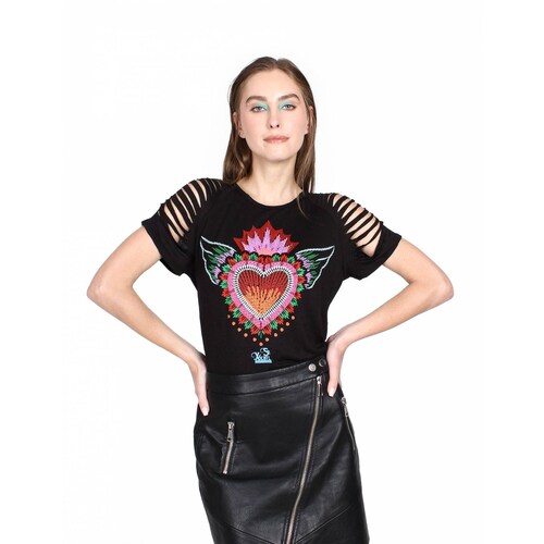 Playera Corazón con Alas, Estampado Neón con Relieve, Sr. Xólotl Mx para Dama.