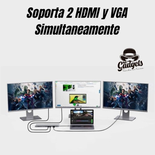 12 En 1 Usb Hub Adaptador 3.0 Tipo C Rj45 2x Hdmi Para Mac
