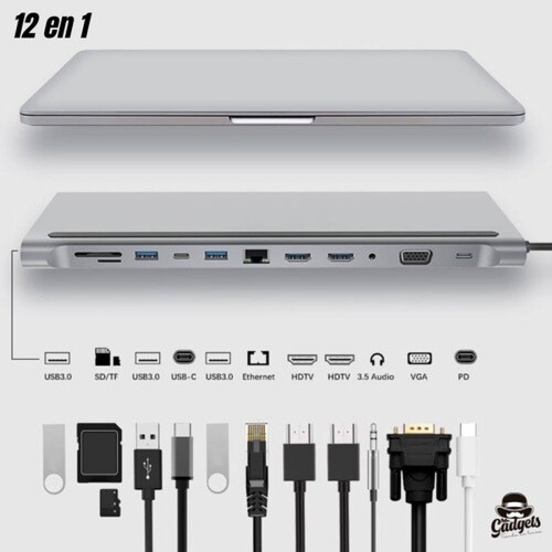 12 En 1 Usb Hub Adaptador 3.0 Tipo C Rj45 2x Hdmi Para Mac
