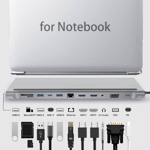 12 En 1 Usb Hub Adaptador 3.0 Tipo C Rj45 2x Hdmi Para Mac