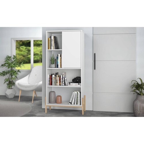 Librero Minimalista, Organizador con puerta y estantes amplios, color blanco/ negro White 153.5 CM X 72.5 CM X 35.5 CM