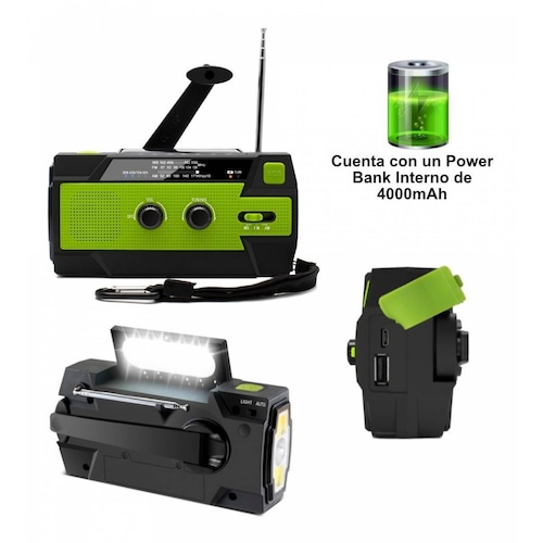 Radio Portatil Recargable Emergencia Dinamo Solar Linterna Verde