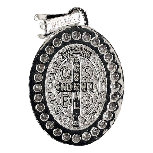 Dije Ovalo Chico San Benito Doble Vista Zirconias Plata 925 