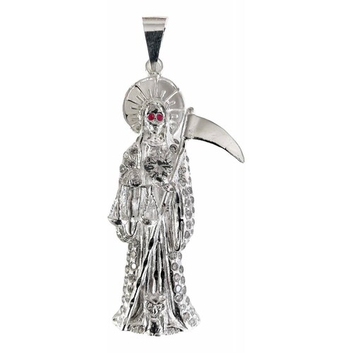 Dije Medalla Gigante Santa Muerte Con Zirconias En Plata 925 Alto/Ancho: 9 cm x 3.8 cm Blanco