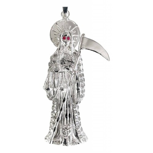 Dije Medalla Gigante Santa Muerte Con Zirconias En Plata 925 Alto/Ancho: 9 cm x 3.8 cm Blanco