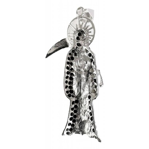 Dije Medalla Gigante Santa Muerte Con Zirconias En Plata 925 Negro Alto/Ancho: 9 cm x 3.8 cm