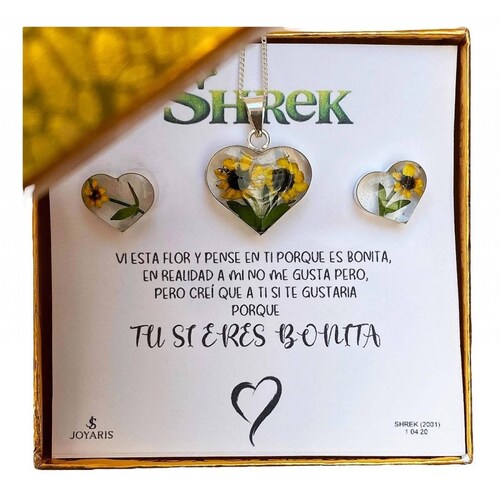 Shrek Aretes Collar Girasol Promesa Regalo Amor Plata 925 Alto/Ancho: 1 a 3 cm x 1 a 3 cm Corazón grande dos girasoles