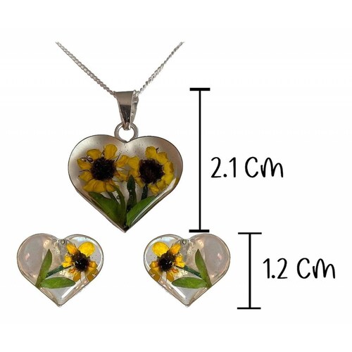 Shrek Aretes Collar Girasol Promesa Regalo Amor Plata 925 Alto/Ancho: 1 a 3 cm x 1 a 3 cm Corazón grande dos girasoles
