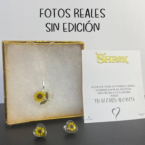 Shrek Aretes Collar Girasol Promesa Regalo Amor Plata 925 Alto/Ancho: 1 a 3 cm x 1 a 3 cm Corazón grande dos girasoles