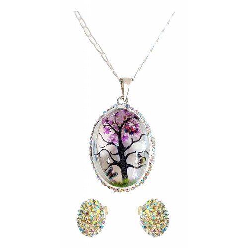 Juego Kit Arbol De La Vida Natural Encapsulado Plata 925 Ovalo morado Alto/Ancho:3.2 cm x 2 cm