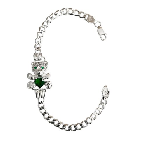 Pulsera Esclava Osito Zirconias Dama Mujer Regalo Plata 925 Verde Largo / Ancho 19 cm x 5 mm 19 cm x 5 mm