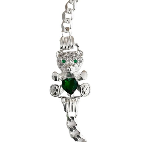 Pulsera Esclava Osito Zirconias Dama Mujer Regalo Plata 925 Verde Largo / Ancho 19 cm x 5 mm 19 cm x 5 mm