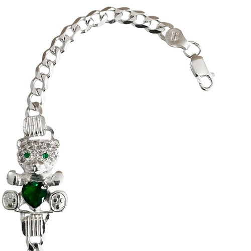 Pulsera Esclava Osito Zirconias Dama Mujer Regalo Plata 925 Verde Largo / Ancho 19 cm x 5 mm 19 cm x 5 mm