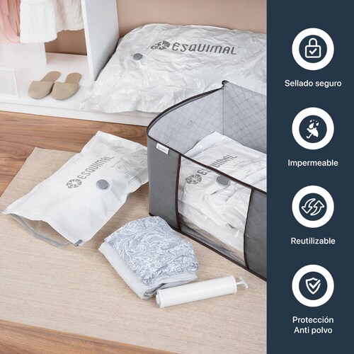 Bolsas de Almacenamiento al Vacío Set de 6 (100x80) con Bomba de Aire - Reutilizables - Bolsas de Compresión para Empacar Ropa, Guardar Edredones, Cobertores ESQUIMAL.