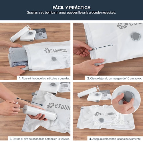 Bolsas de Almacenamiento al Vacío Set de 6 (100x80) con Bomba de Aire - Reutilizables - Bolsas de Compresión para Empacar Ropa, Guardar Edredones, Cobertores ESQUIMAL.