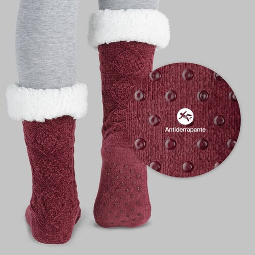 Calcetines Invernales Térmicos Pantuflas de Borrega para Invierno con Antiderrapante 1 Par Tinto REAL TEXTIL.