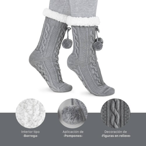 Calcetines Invernales Térmicos Pantuflas de Borrega para Invierno con Antiderrapante 1 Par Gris con Pompones REAL TEXTIL.