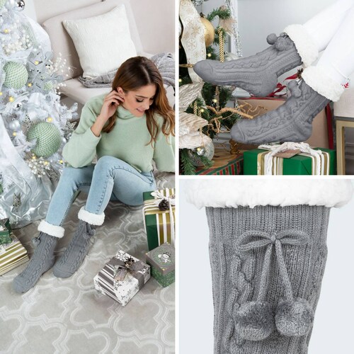 Calcetines Invernales Térmicos Pantuflas de Borrega para Invierno con Antiderrapante 1 Par Gris con Pompones REAL TEXTIL.