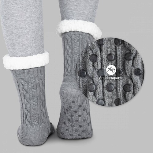 Calcetines Invernales Térmicos Pantuflas de Borrega para Invierno con Antiderrapante 1 Par Gris con Pompones REAL TEXTIL.