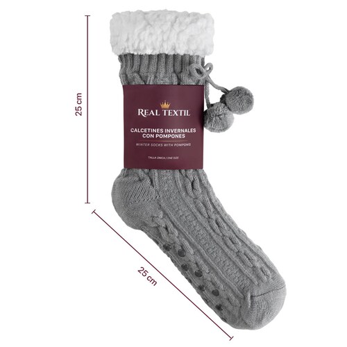 Calcetines Invernales Térmicos Pantuflas de Borrega para Invierno con Antiderrapante 1 Par Gris con Pompones REAL TEXTIL.