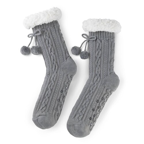 Calcetines Invernales Térmicos Pantuflas de Borrega para Invierno con Antiderrapante 1 Par Gris con Pompones REAL TEXTIL.