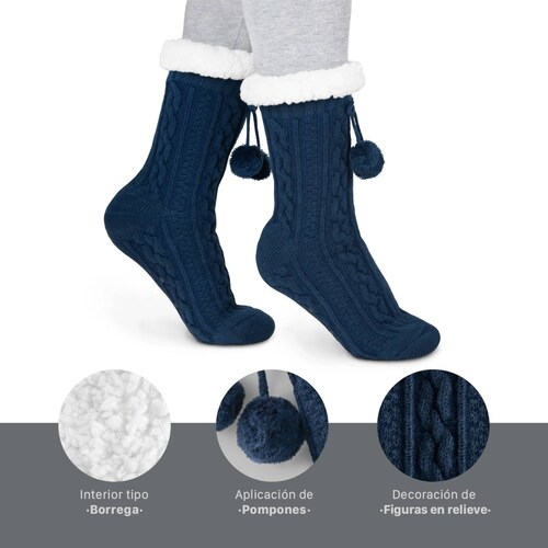 Calcetines Invernales Térmicos Pantuflas de Borrega para Invierno con Antiderrapante 1 Par Azul con Pompones REAL TEXTIL.