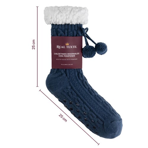 Calcetines Invernales Térmicos Pantuflas de Borrega para Invierno con Antiderrapante 1 Par Azul con Pompones REAL TEXTIL.
